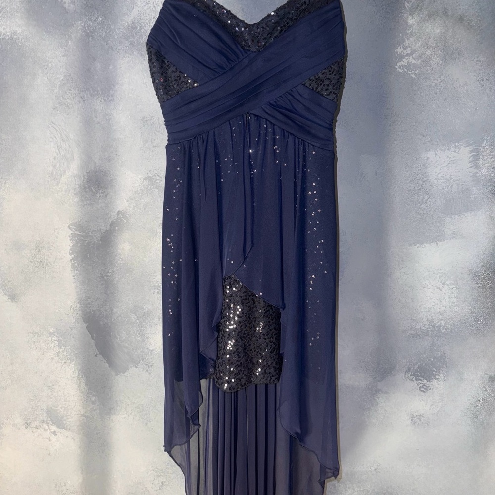 Deb Blue Asymmetrical Ruched Cocktail Gown